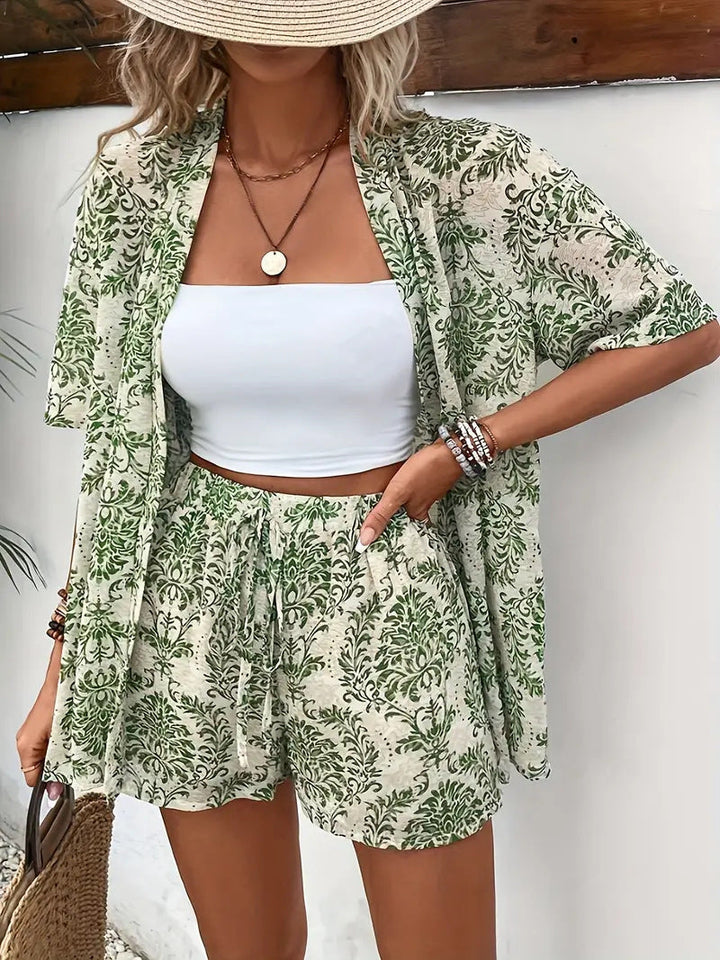 Floral Kimono Cardigan and Shorts Set