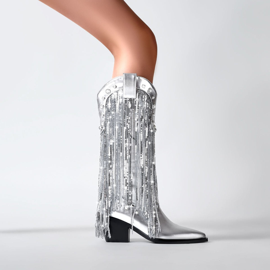Botas vaqueras elegantes y brillantes con flecos para mujer, para exteriores y eventos nocturnos