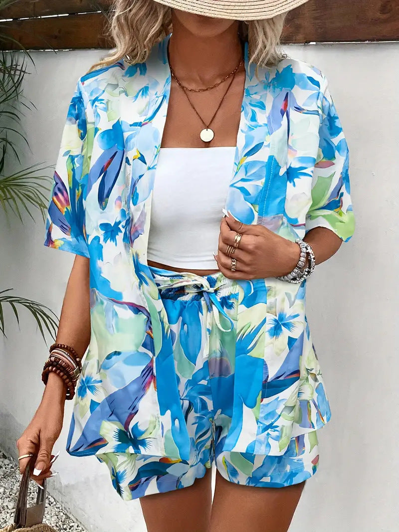 Floral Kimono Cardigan and Shorts Set