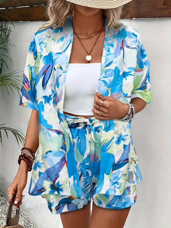 Floral Kimono Cardigan and Shorts Set
