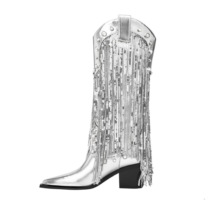 Botas vaqueras elegantes y brillantes con flecos para mujer, para exteriores y eventos nocturnos