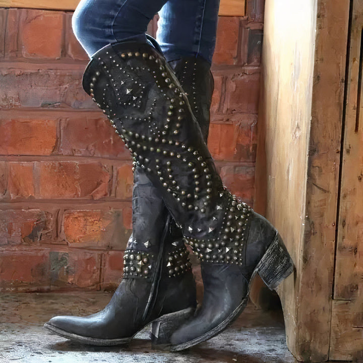 Botas gruesas y atrevidas para mujer hasta la rodilla con cremallera lateral y detalle de remaches
