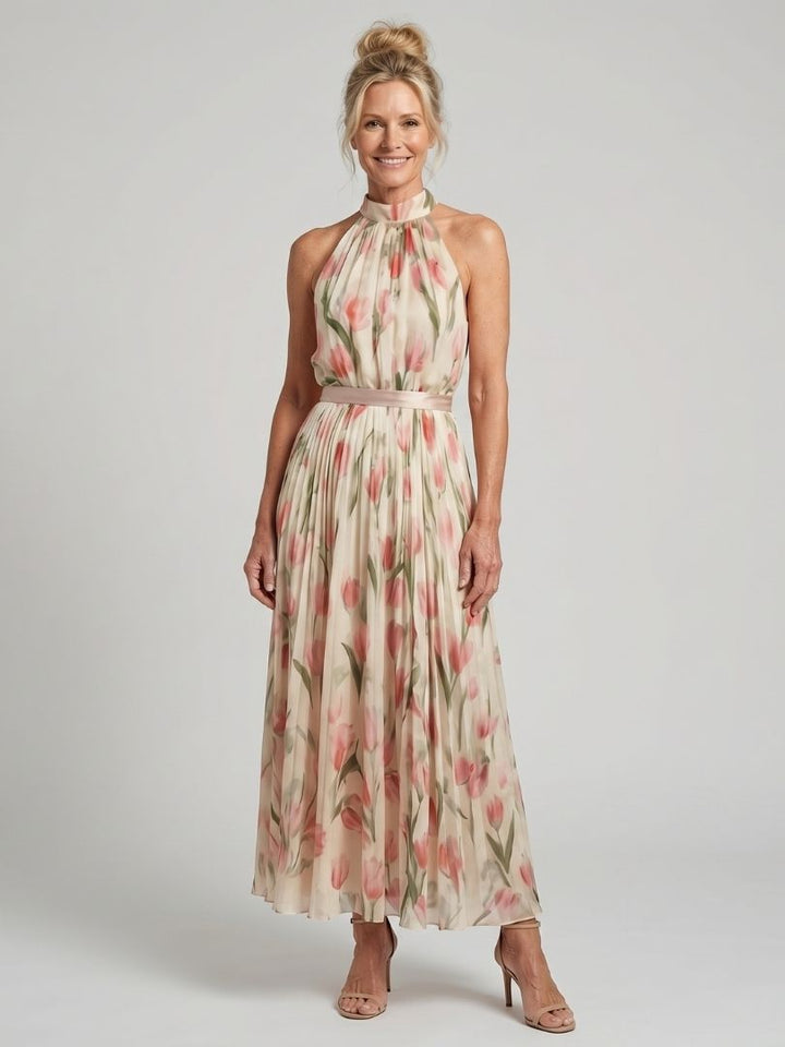 Vestido midi floral con cuello halter