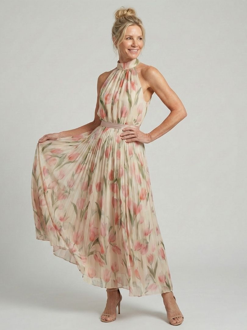 Vestido midi floral con cuello halter