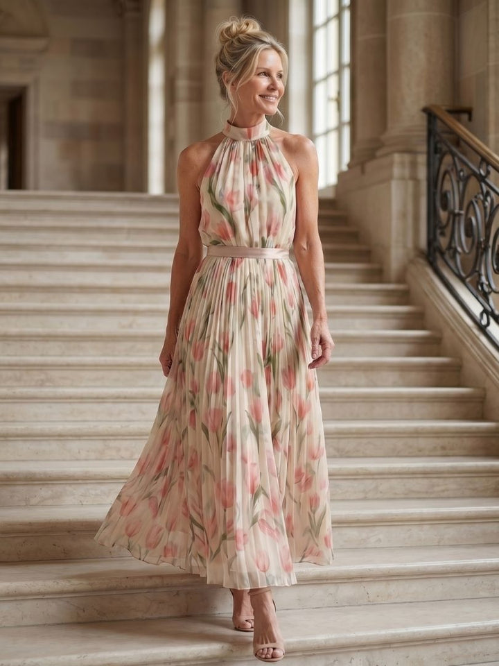 Vestido midi floral con cuello halter