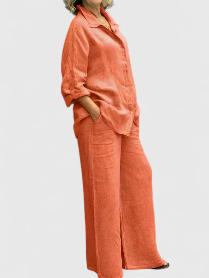 Button-Down Shirt and Wide-Leg Pants Set