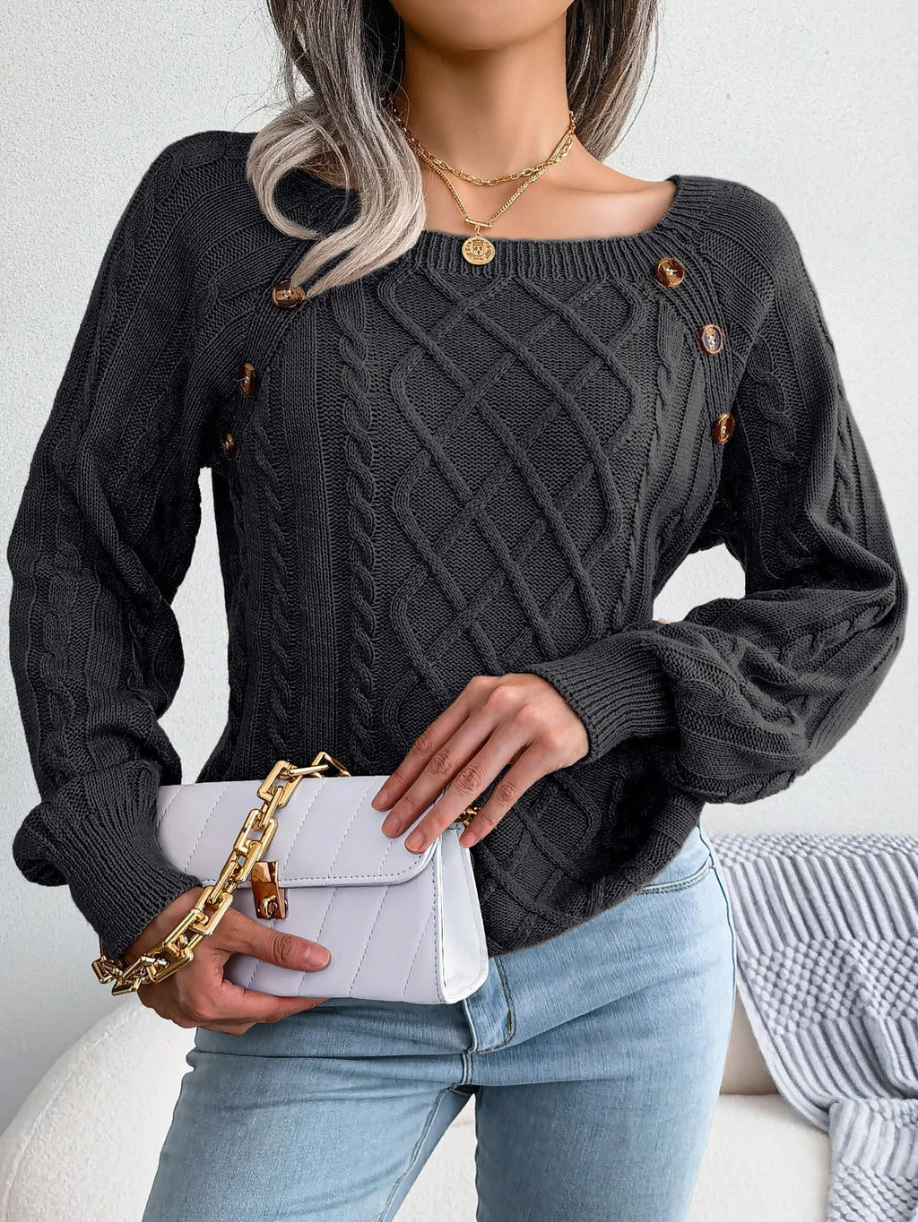 Women's Square Collar Button Detail Knit Pullover