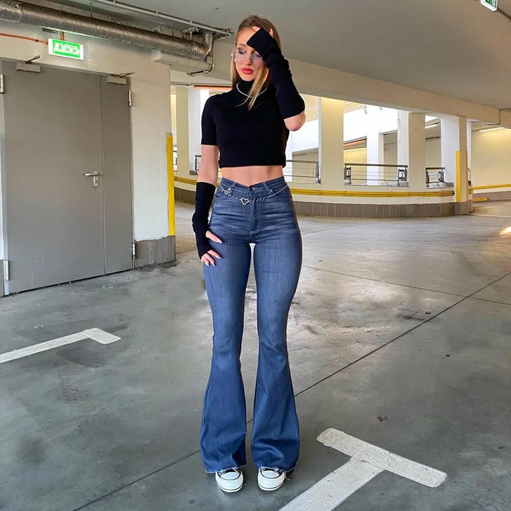 Jeans da donna versatili a vita alta blu per tutte le stagioni, svasati
