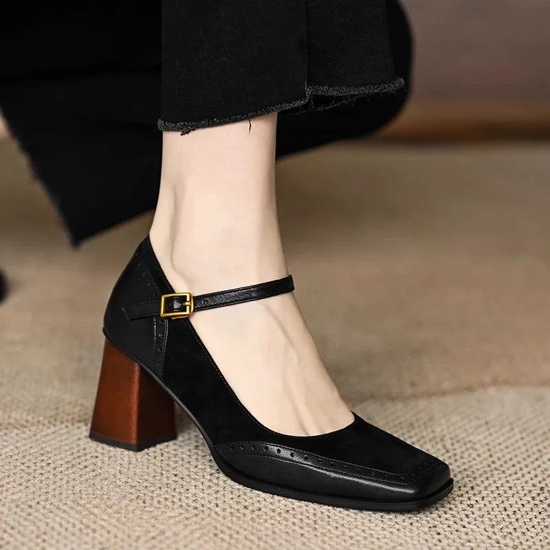 Square Toe Brogue Heel Pumps