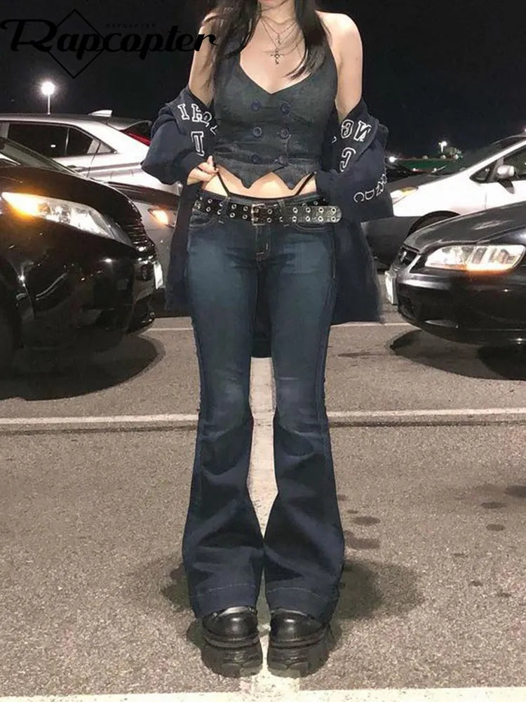 Women's Retro Low-Waist Baggy Flare Jeans - Ideal for Casual Days