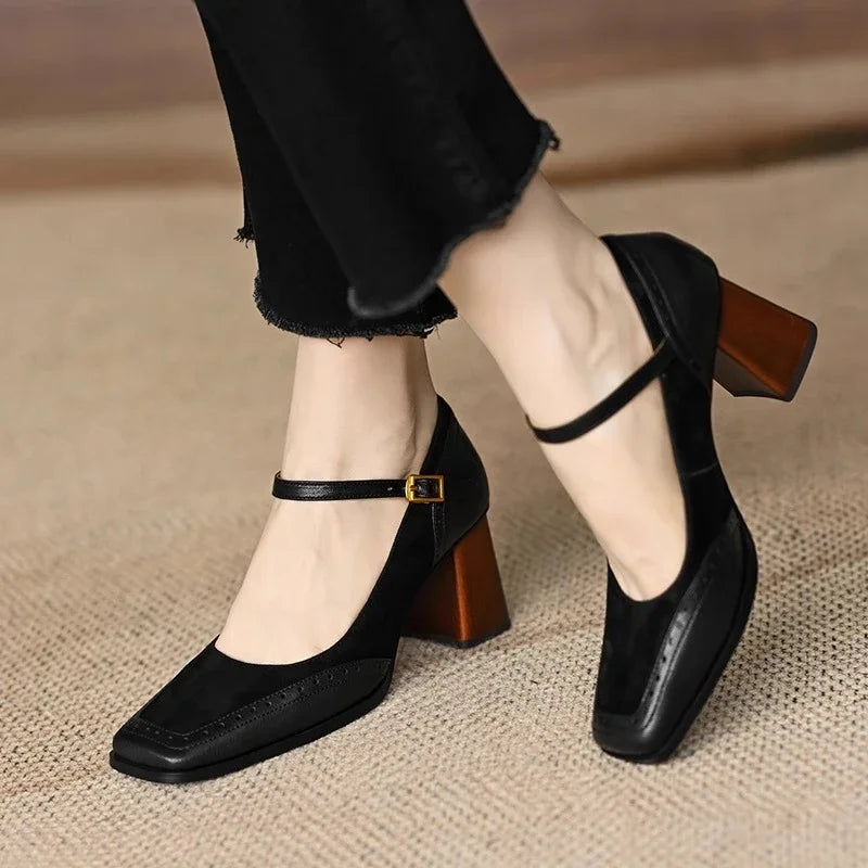 Square Toe Brogue Heel Pumps
