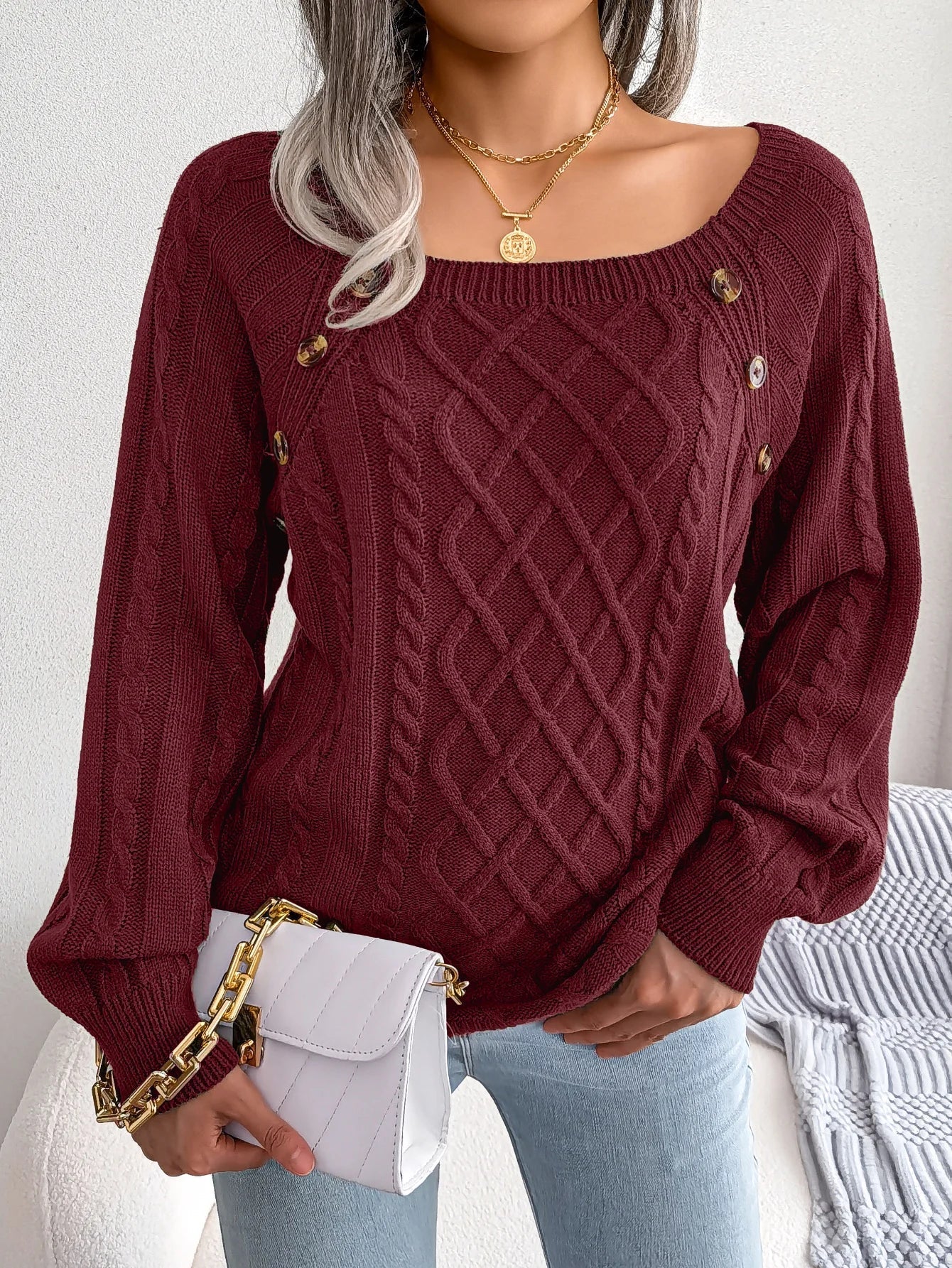 Women's Square Collar Button Detail Knit Pullover