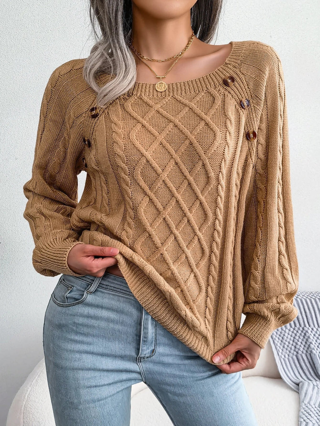 Women's Square Collar Button Detail Knit Pullover