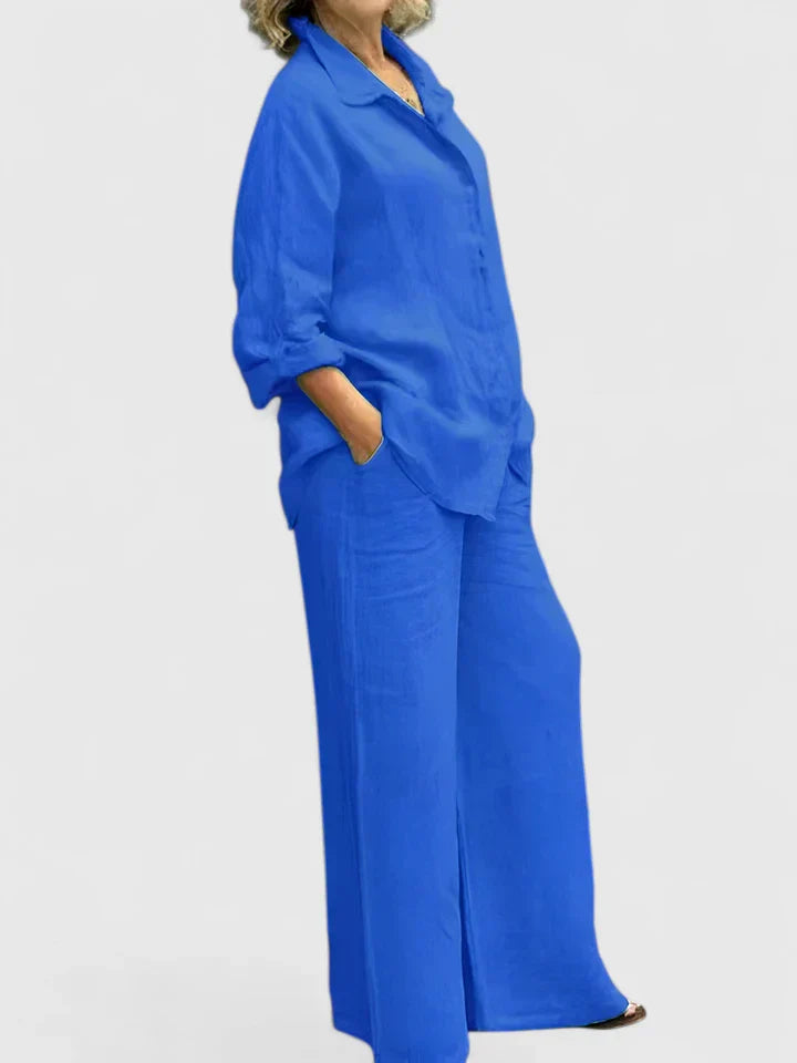 Button-Down Shirt and Wide-Leg Pants Set