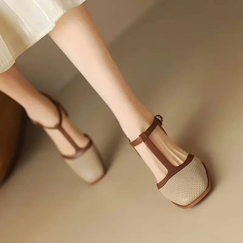 Square Toe T-Strap Heel Pumps
