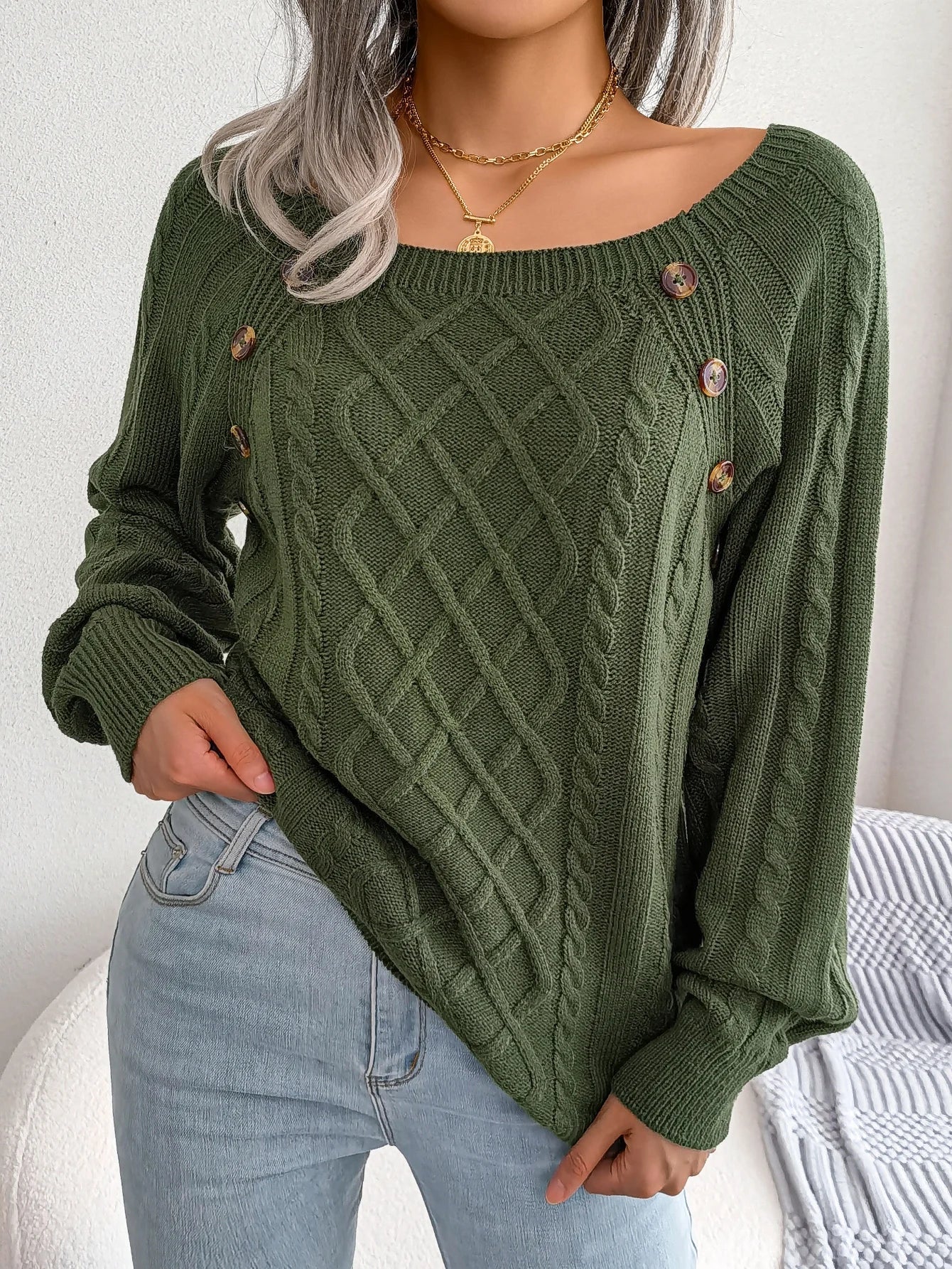 Women's Square Collar Button Detail Knit Pullover