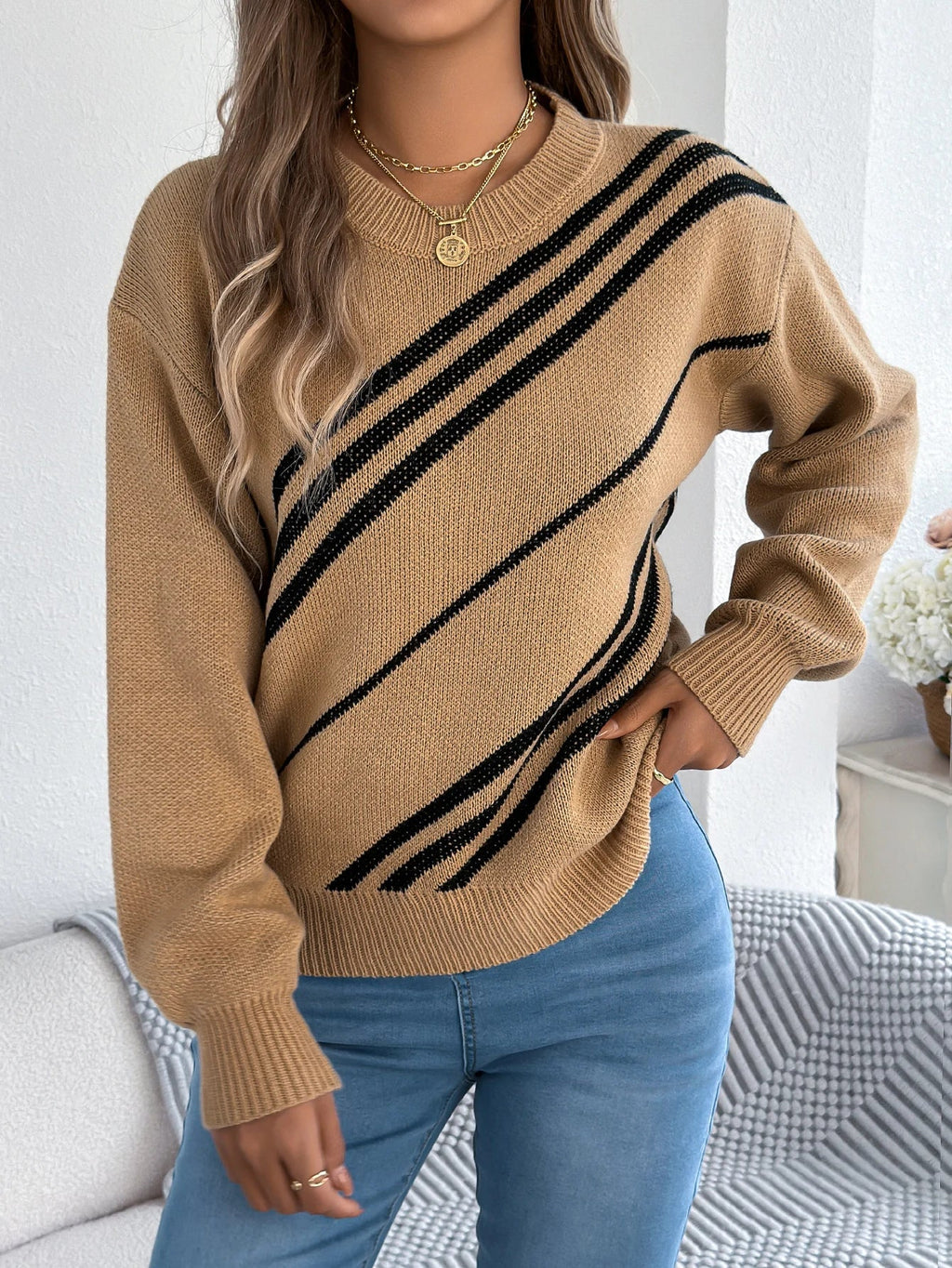 Women's Twill Texture Colour Block Knit Pullover
