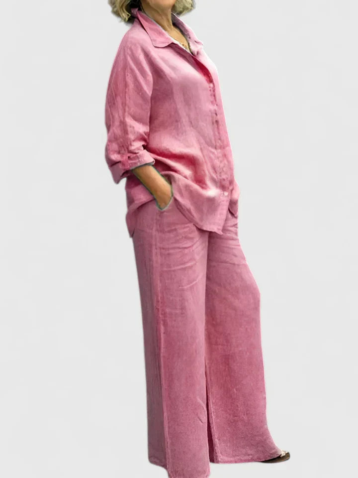 Button-Down Shirt and Wide-Leg Pants Set
