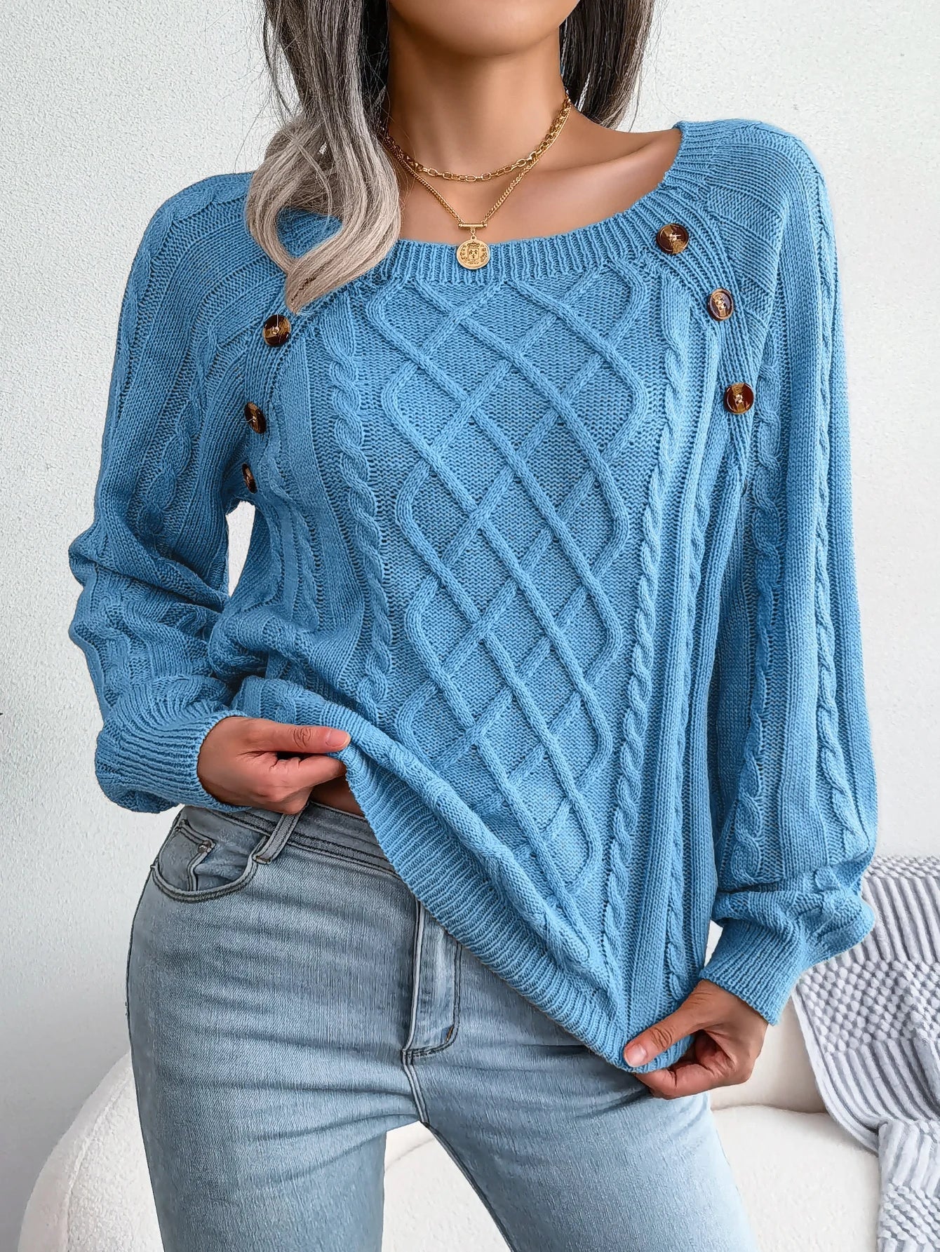 Women's Square Collar Button Detail Knit Pullover