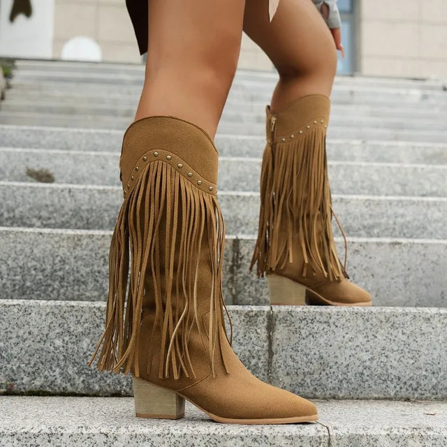 Women's Festive Traditional Fringe Cowboy Knee High Boots