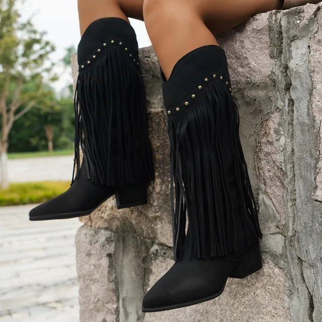 Women's Festive Traditional Fringe Cowboy Knee High Boots
