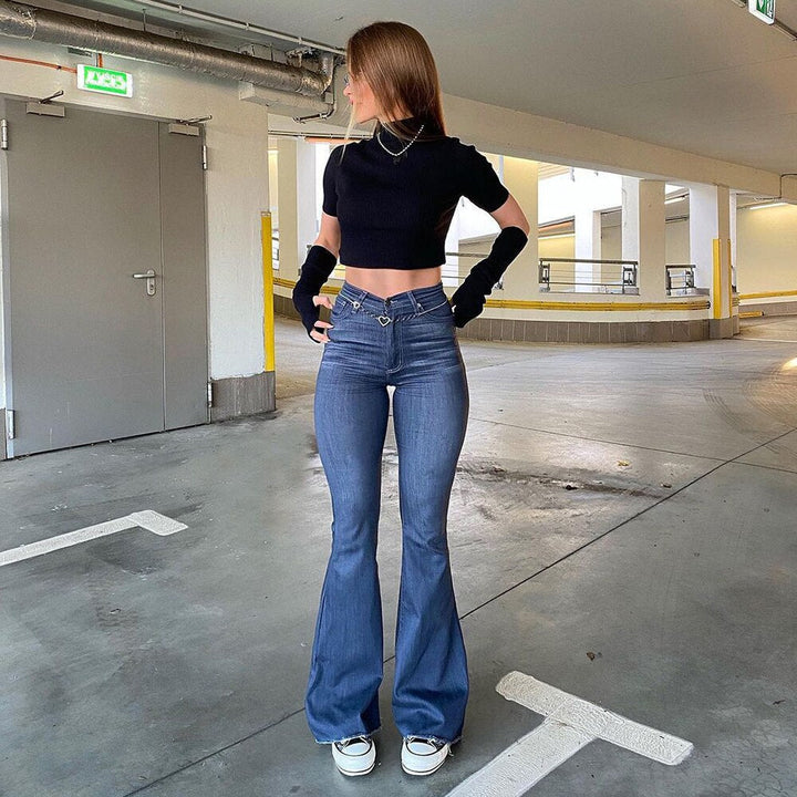 Jeans da donna versatili a vita alta blu per tutte le stagioni, svasati