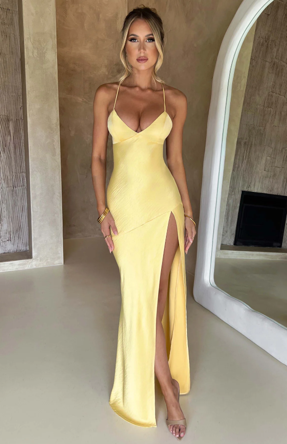 Women's Statement Sleek Maxi Dress with Thigh-High Slit and V-Neckline
