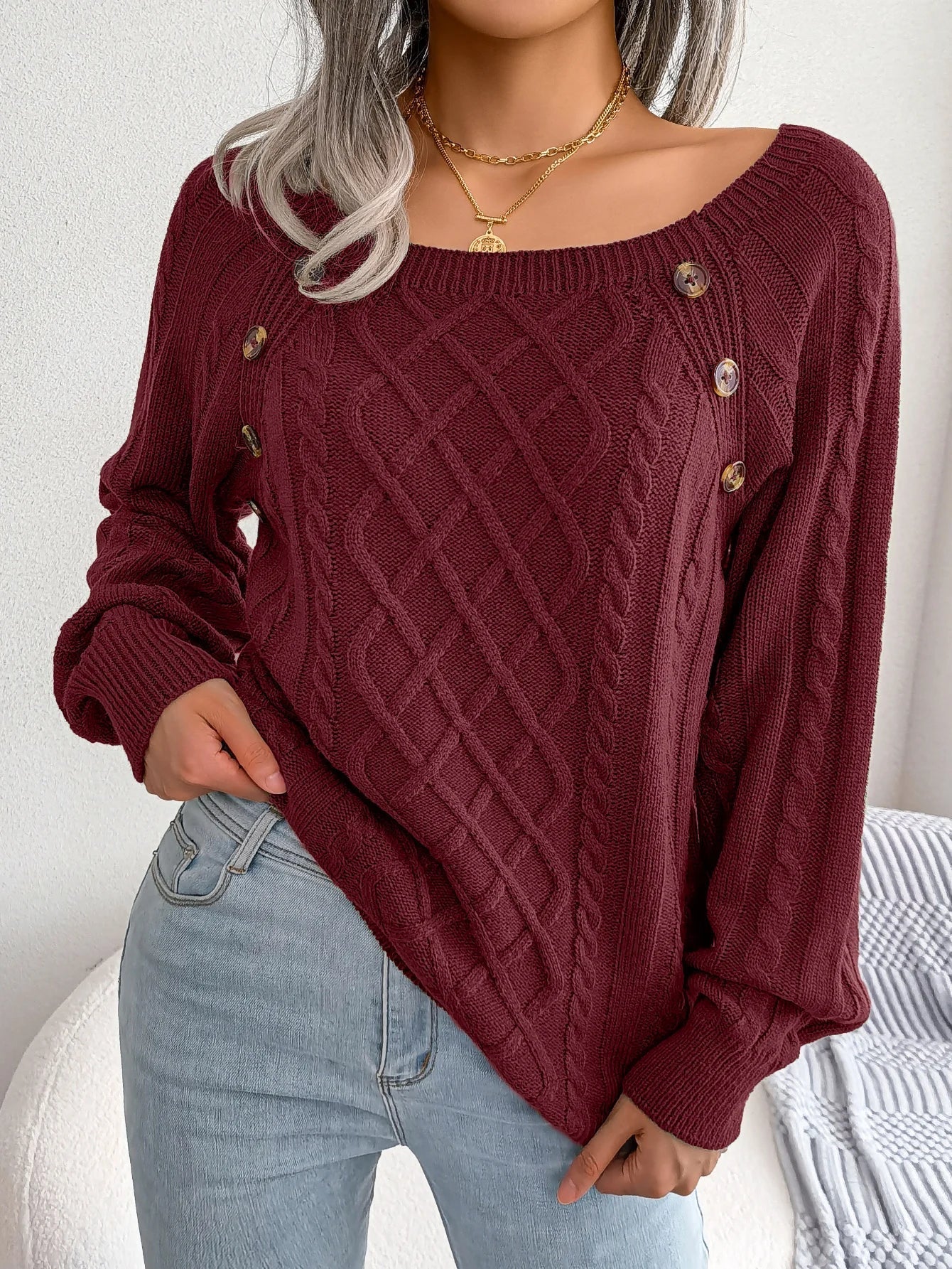 Women's Square Collar Button Detail Knit Pullover