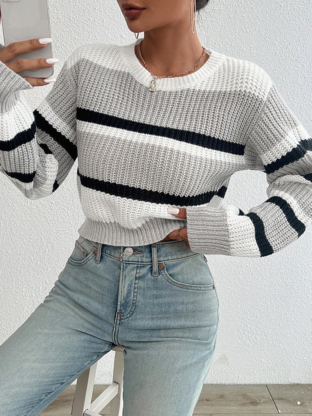 Women’s Drop Shoulder Color Match Knit Sweater