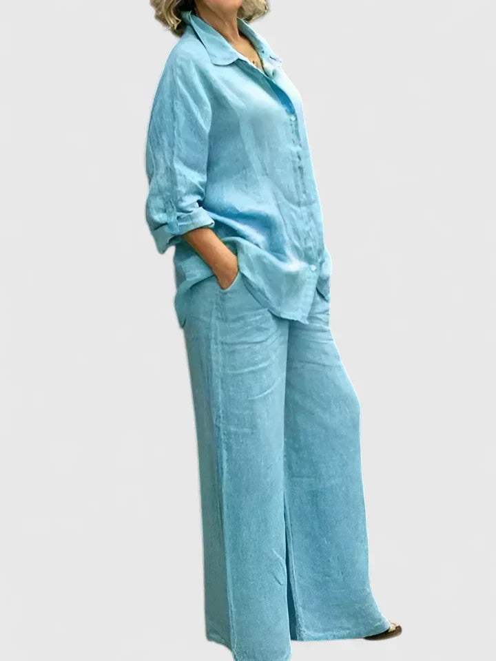 Button-Down Shirt and Wide-Leg Pants Set