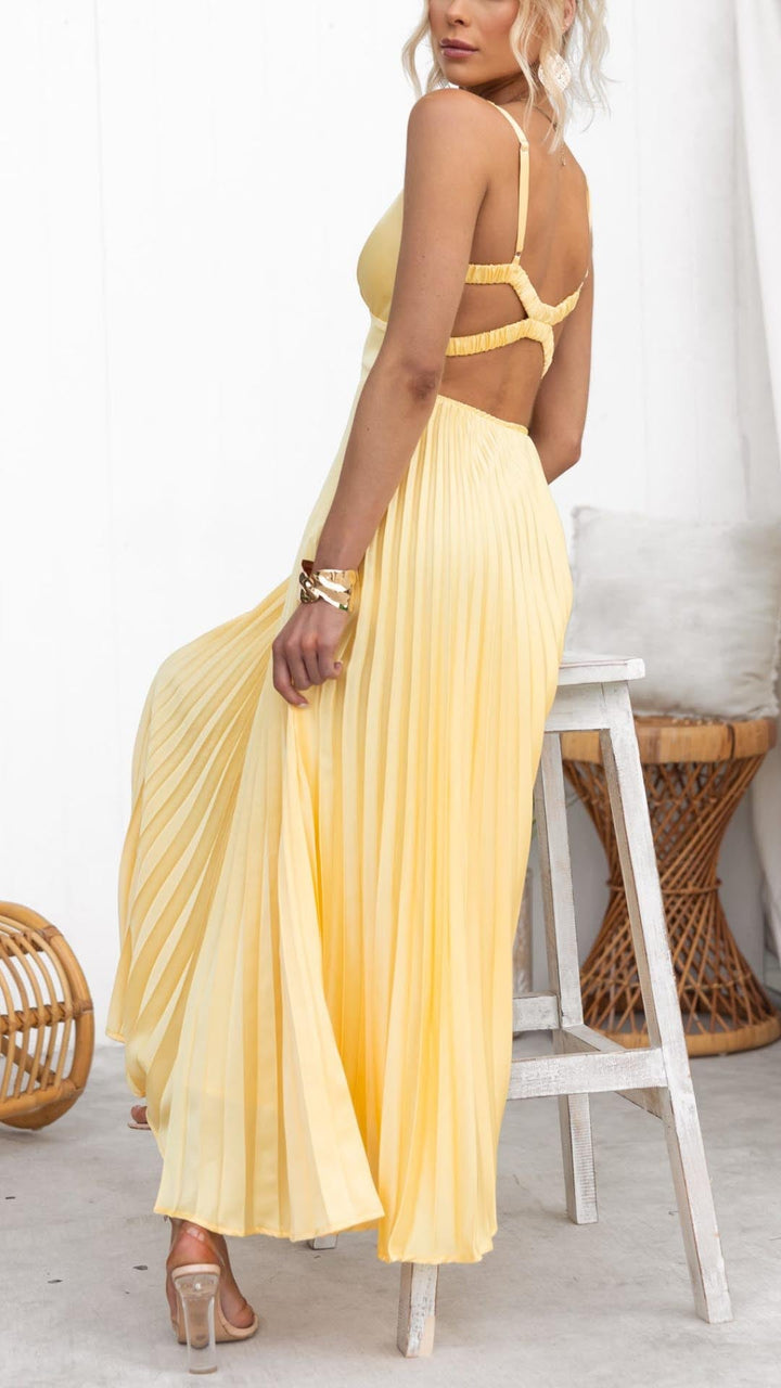 Vestido largo plisado con escote en V para bodas formales