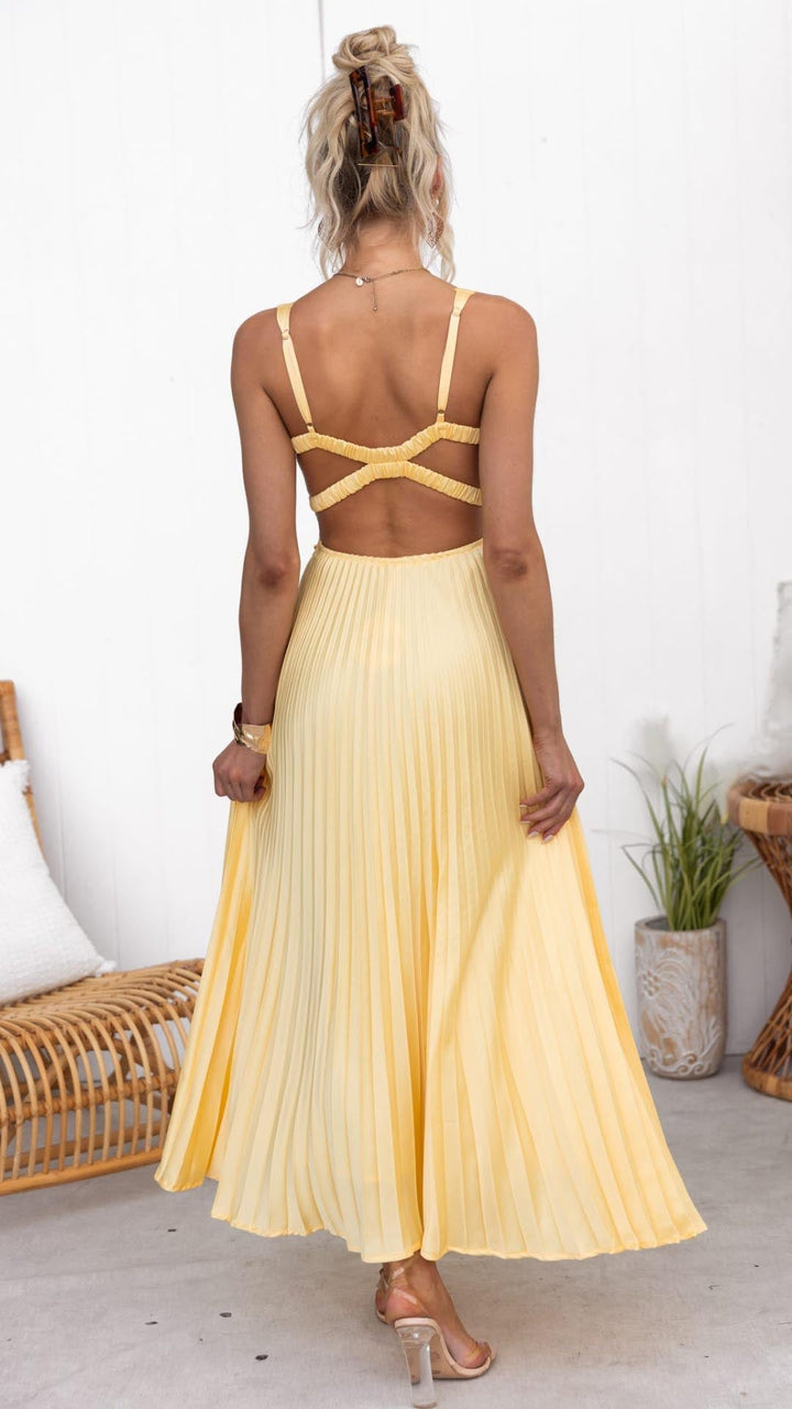 Vestido largo plisado con escote en V para bodas formales