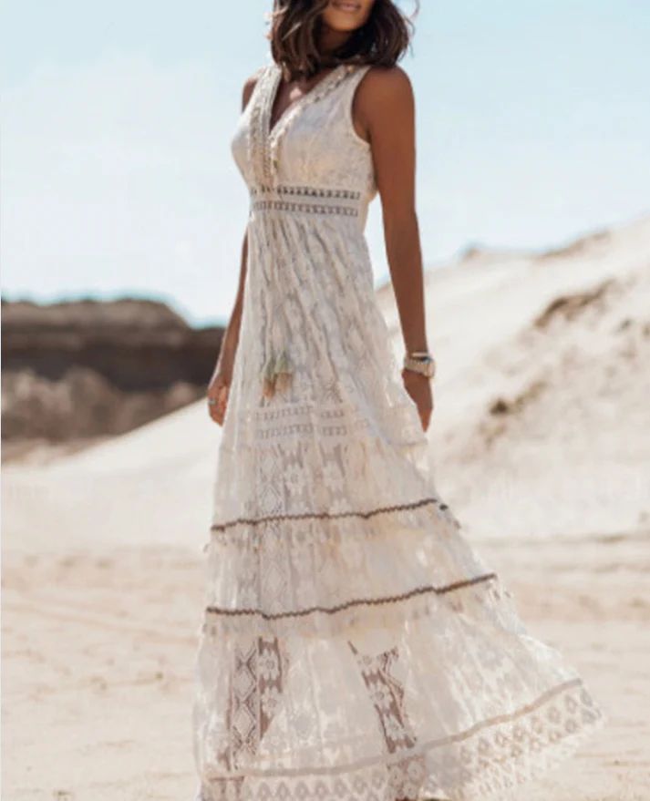 Vestido largo playero bohemio retro con cordón para mujer