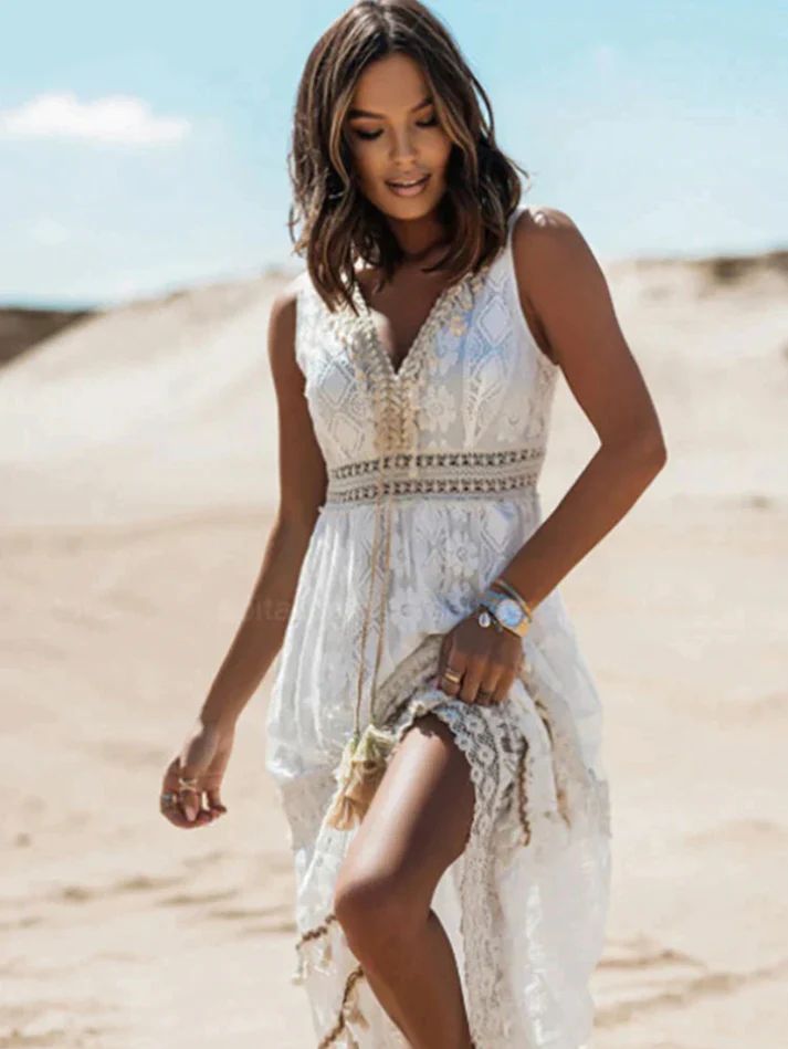 Vestido largo playero bohemio retro con cordón para mujer