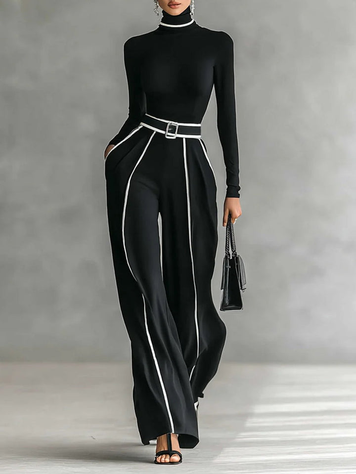 Conjunto de pantalones con cinturón y cuello alto