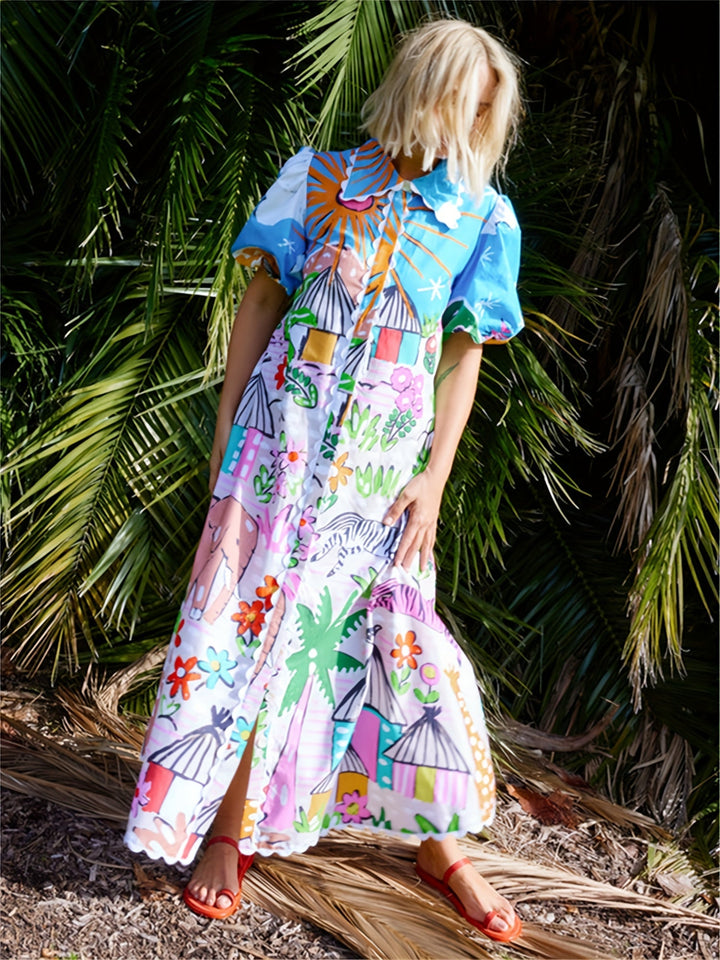 Women's Tropical Beach Midi Summer Dress with Lapel Neckline