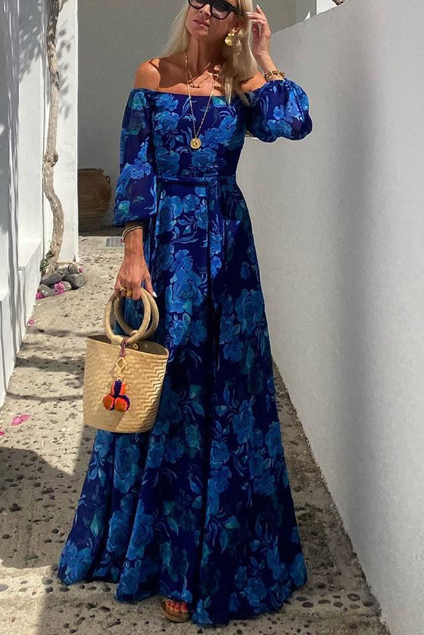 Vestido largo floral con hombros descubiertos para bodas nocturnas