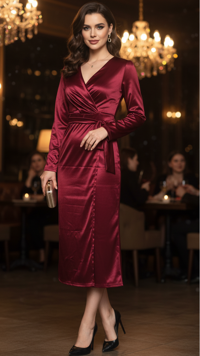 Elegancka sukienka wieczorowa na wiosenne uroczystości z kopertowym dekoltem midi dla kobiet