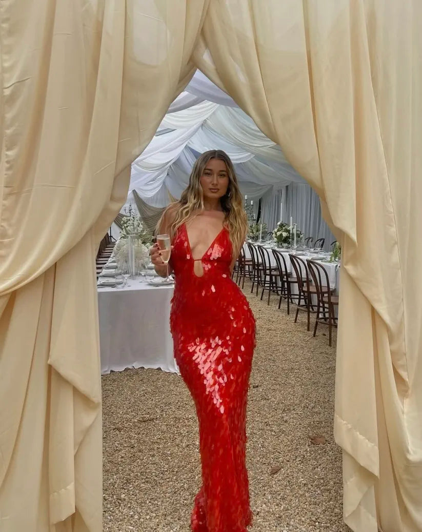 Sequin Backless Maxi Dress for Evening Celebrations