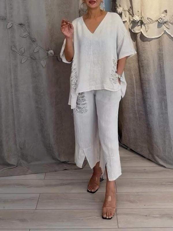 V-Neck Top and Cropped Pants Set