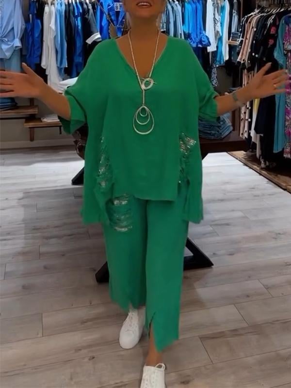 V-Neck Top and Cropped Pants Set