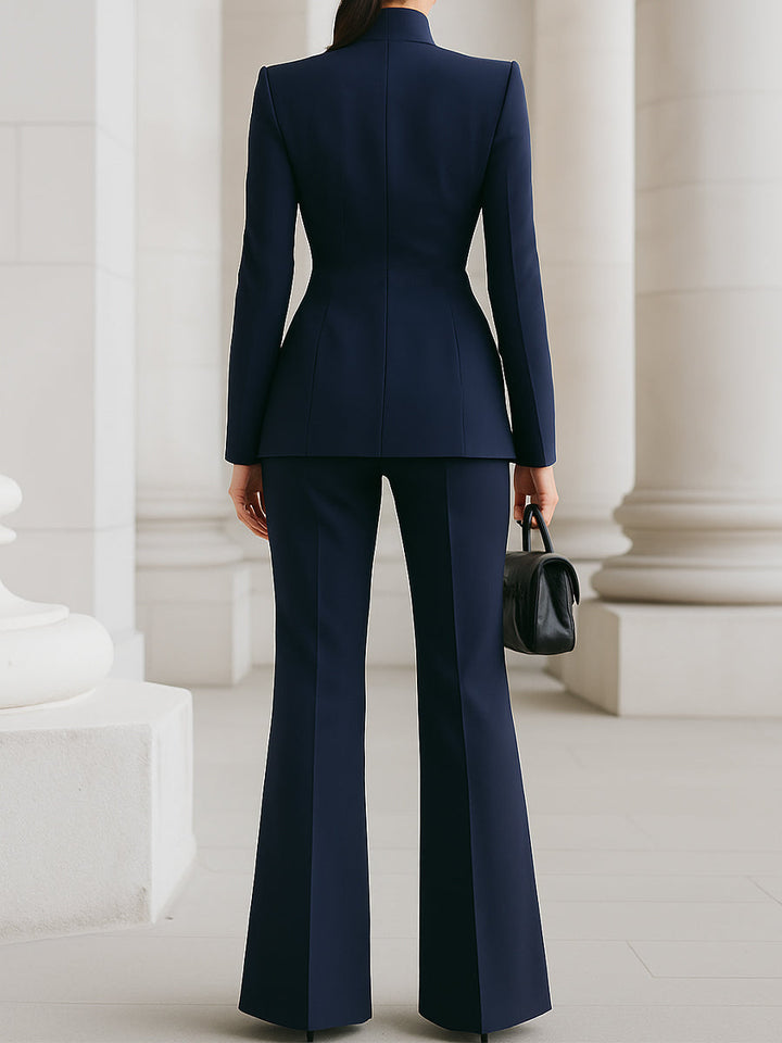 Stand Collar Wide-Leg Pants Suit Set
