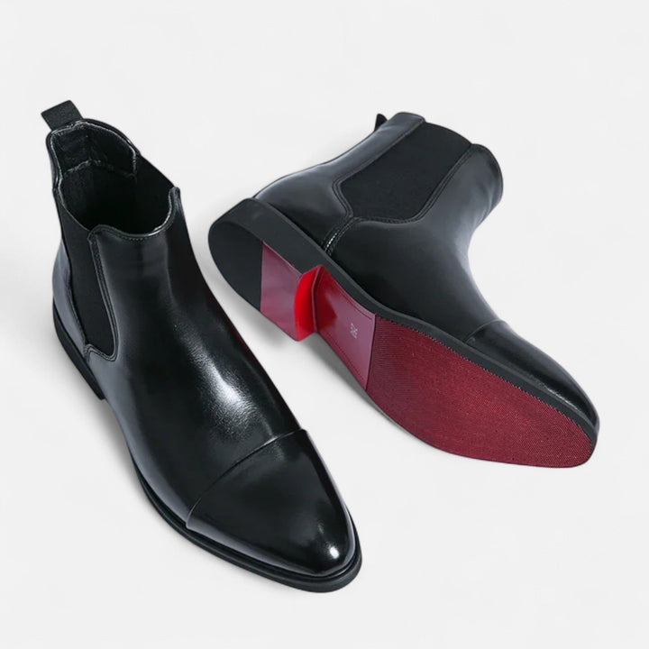 Men’s Retro Captivating Stable Chelsea Boots in Polished Black with Red Sole