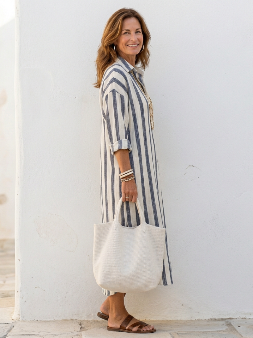 Vestido camisa midi de manga larga a rayas