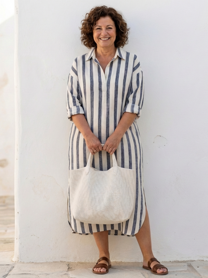Vestido camisa midi de manga larga a rayas
