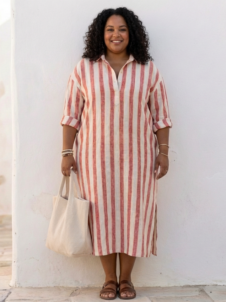 Vestido camisa midi de manga larga a rayas
