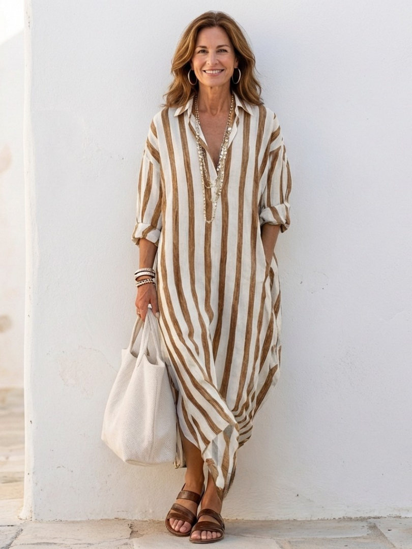 Vestido camisa midi de manga larga a rayas