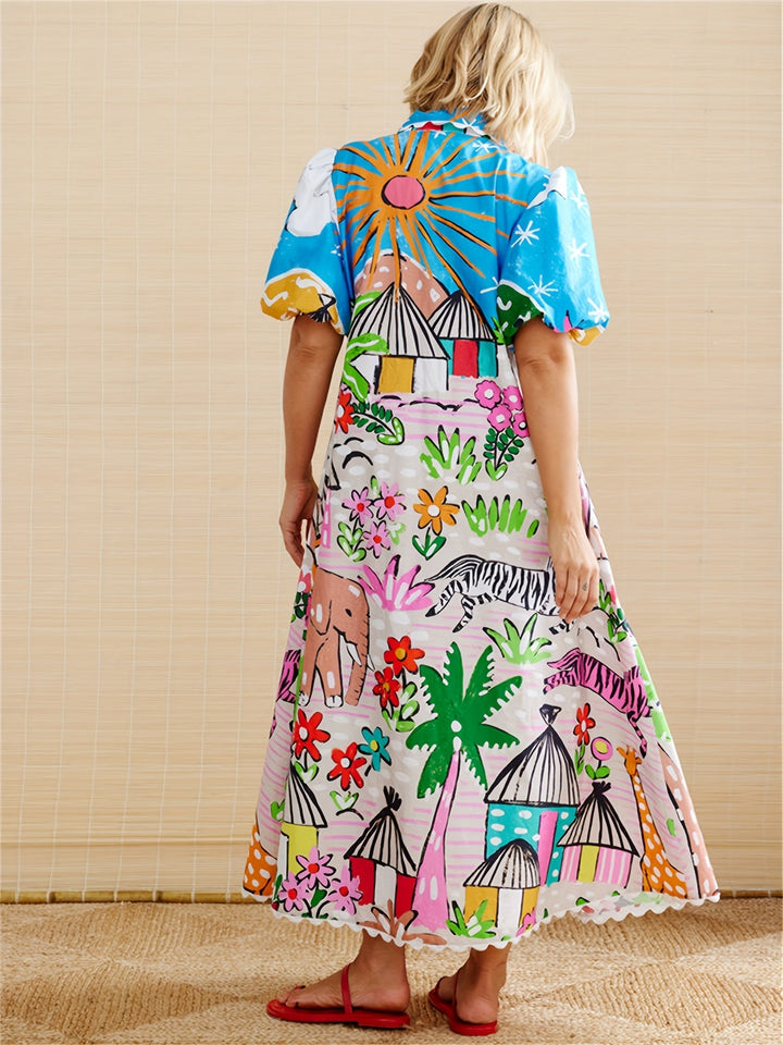 Women's Tropical Beach Midi Summer Dress with Lapel Neckline