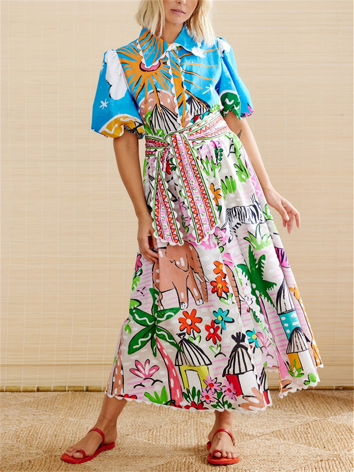 Women's Tropical Beach Midi Summer Dress with Lapel Neckline