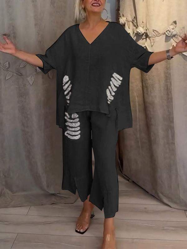 V-Neck Top and Cropped Pants Set